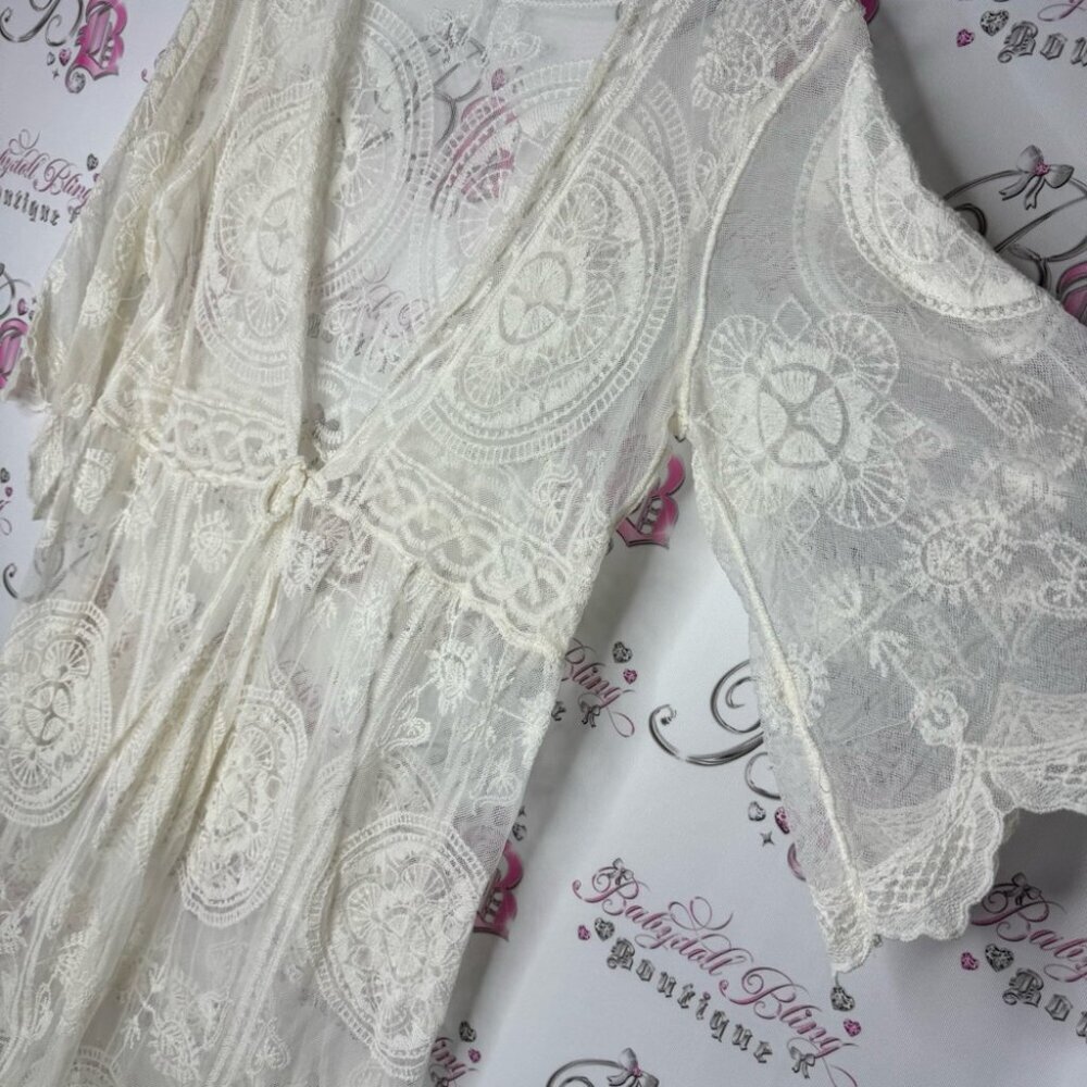 Cardigan Bohemian Lace Kimono Cardigan - White cream tie up ribbon belt ONESIZE - Picture 10 of 11
